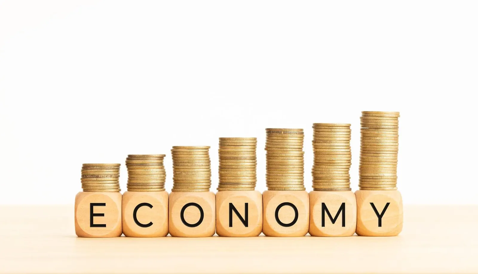 Economy concept. Wooden blocks with text and rising stacked coins. Copy space