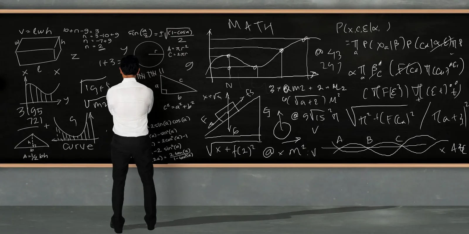 Businessman thinking and standing facing on large blackboard with math equivalents written on it
