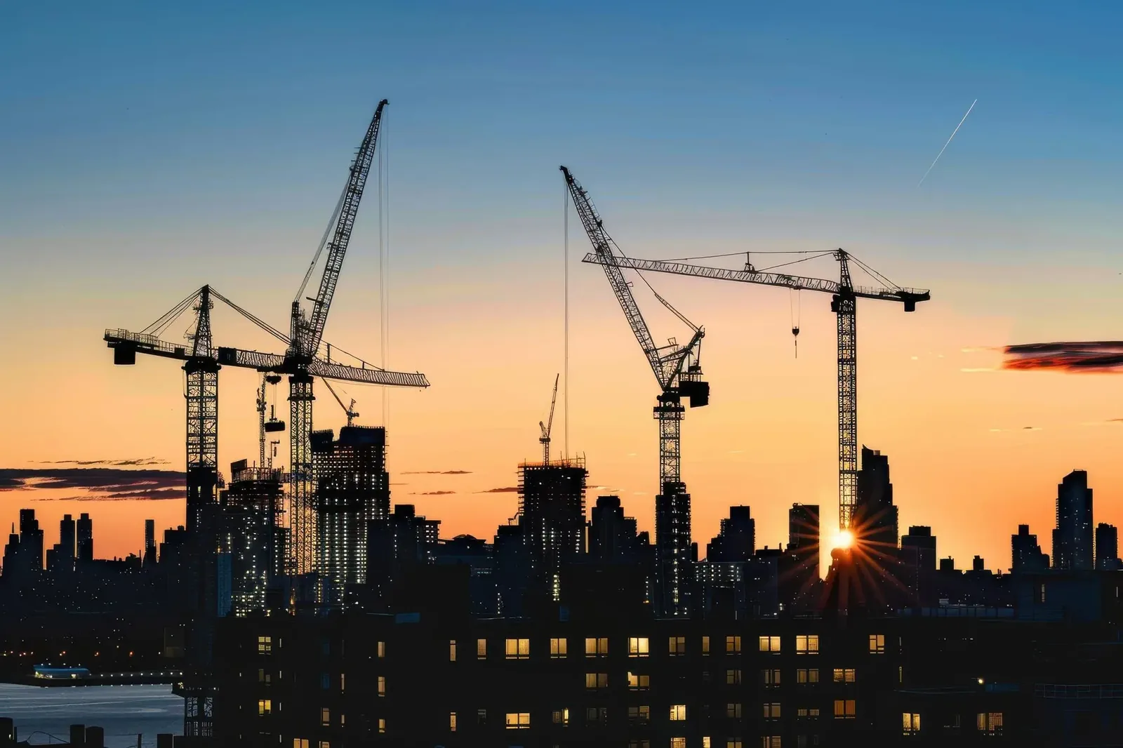 Construction cranes on a city skyline at dusk