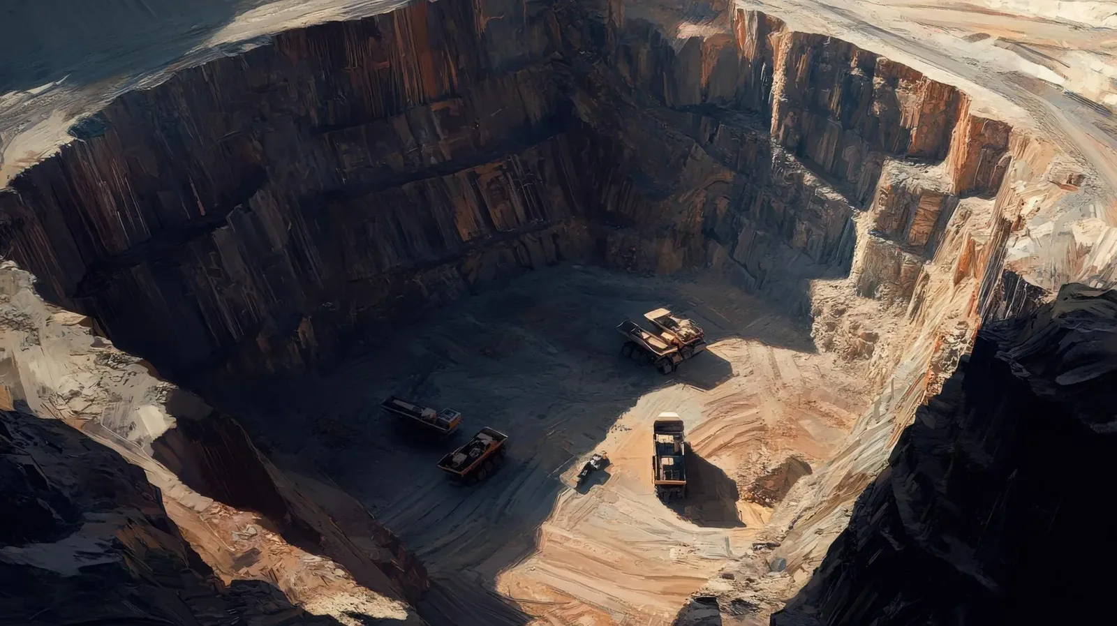 Aerial view of an open-pit mine with heavy mining equipment